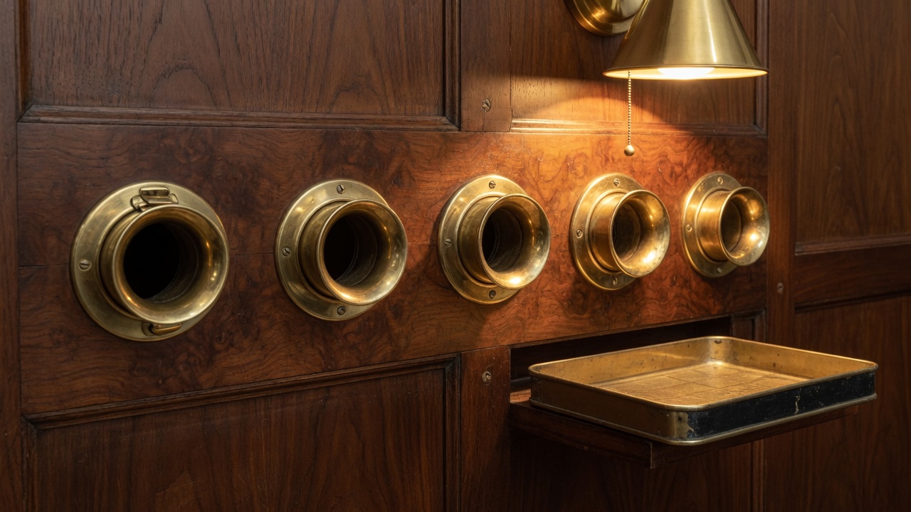 Walnut dispatch slots with brass rims holding capsules